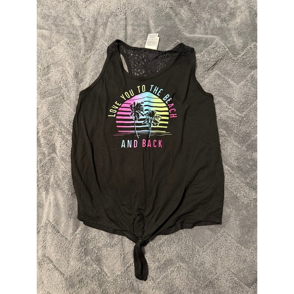 Black Graphic Tie-Front Tank Top with Rainbow Beach Print